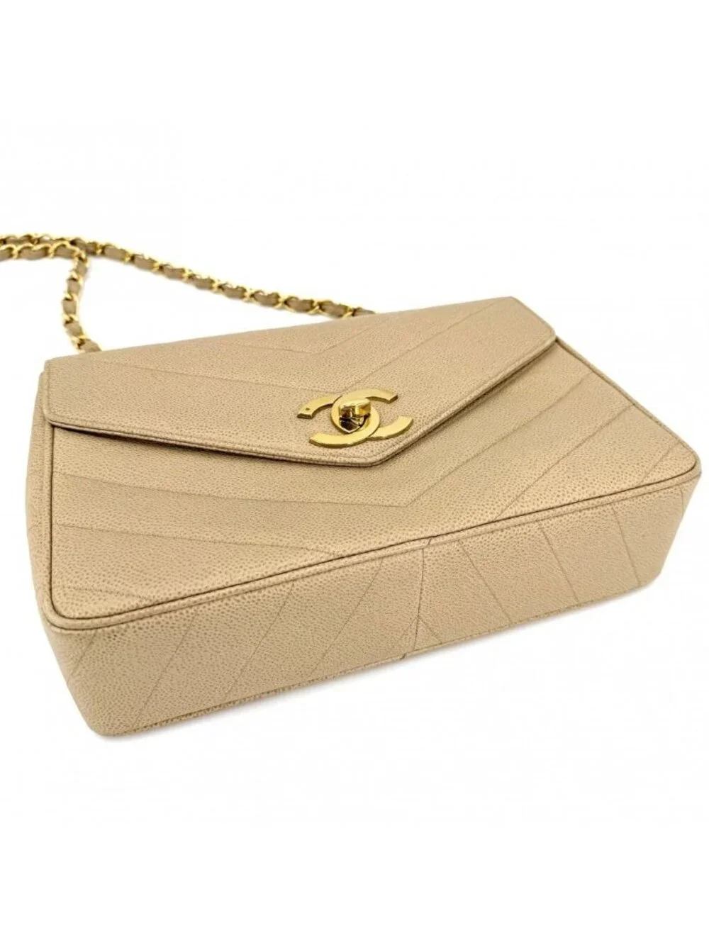 Chanel Shoulder Bag CC Logo Turnlock Crossbody Stitch Chez Blanc Caviar Leather